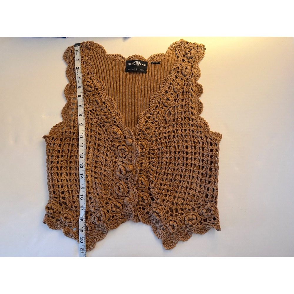 Vtg Handmade Medium Tan Brown Crochet Floral Vest Boho Chic Cottagecore 90s - Picture 8 of 10